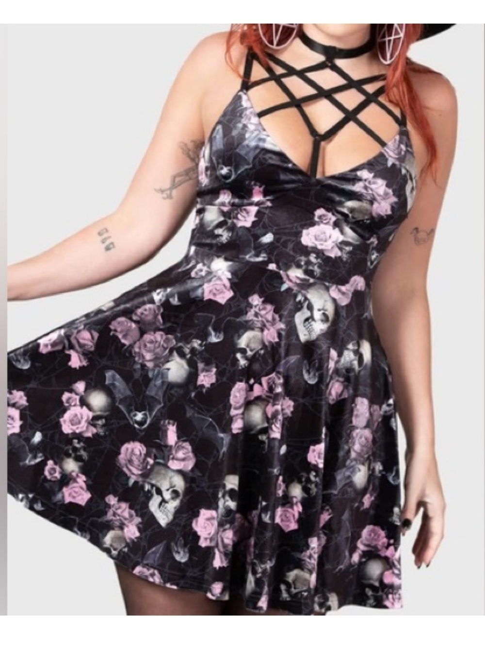 Killstar Magica Skater Dress with Choker Harness Skull and Roses Floral Print